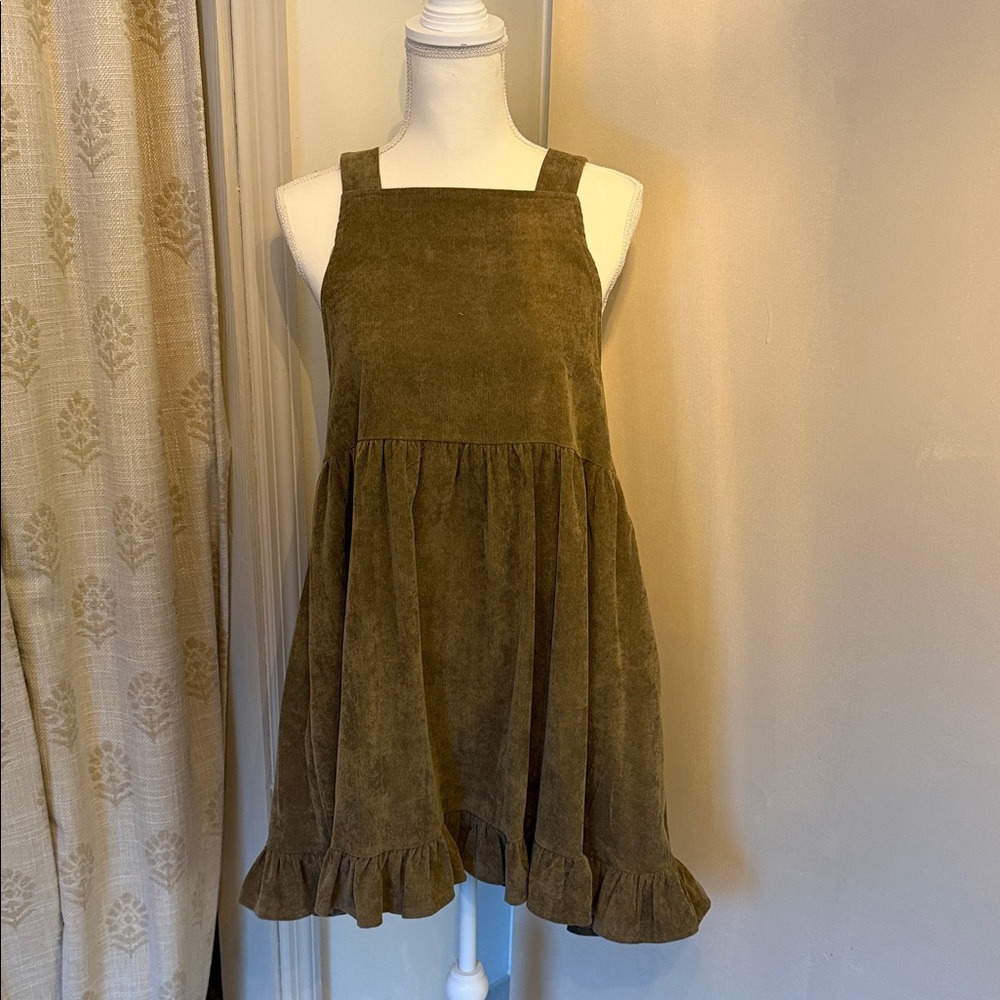 Corduroy Square-Neck Ruffle Hem Mini Dress in Olive with Pockets